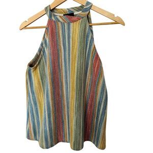 W5 Anthropologie Halter Top Sz M Medium Stripe Tweed Sleeveless Button Back